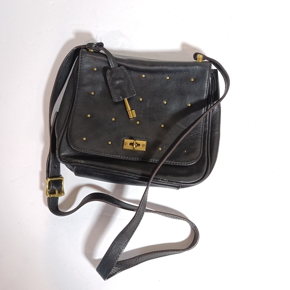 Fossil Brass Studed Black Leather Mini Vintage crossbody Bag Y2K - Picture 1 of 15